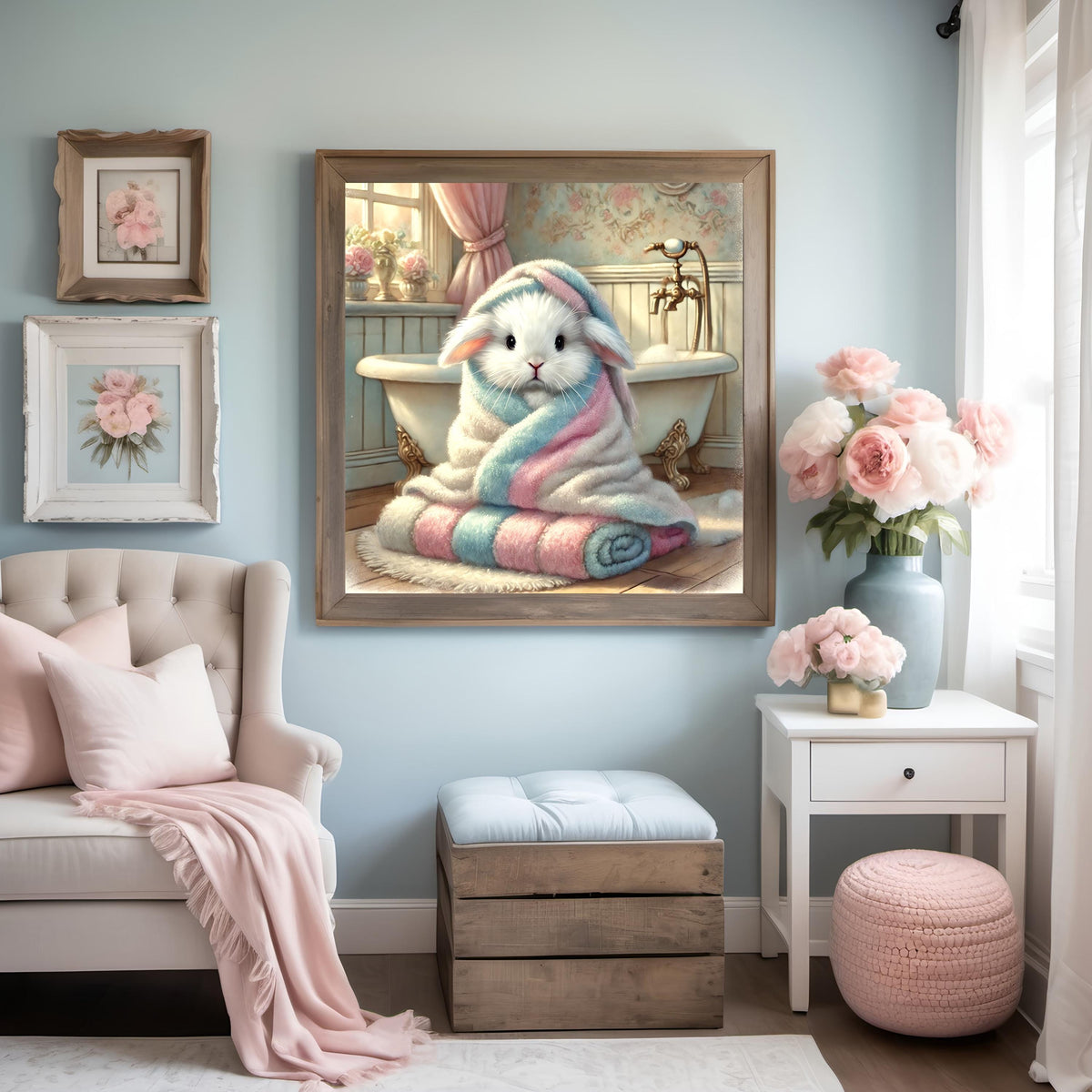 Bathtime Bunny Print: Pastel Nursery Bathroom Decor (Digital Download)