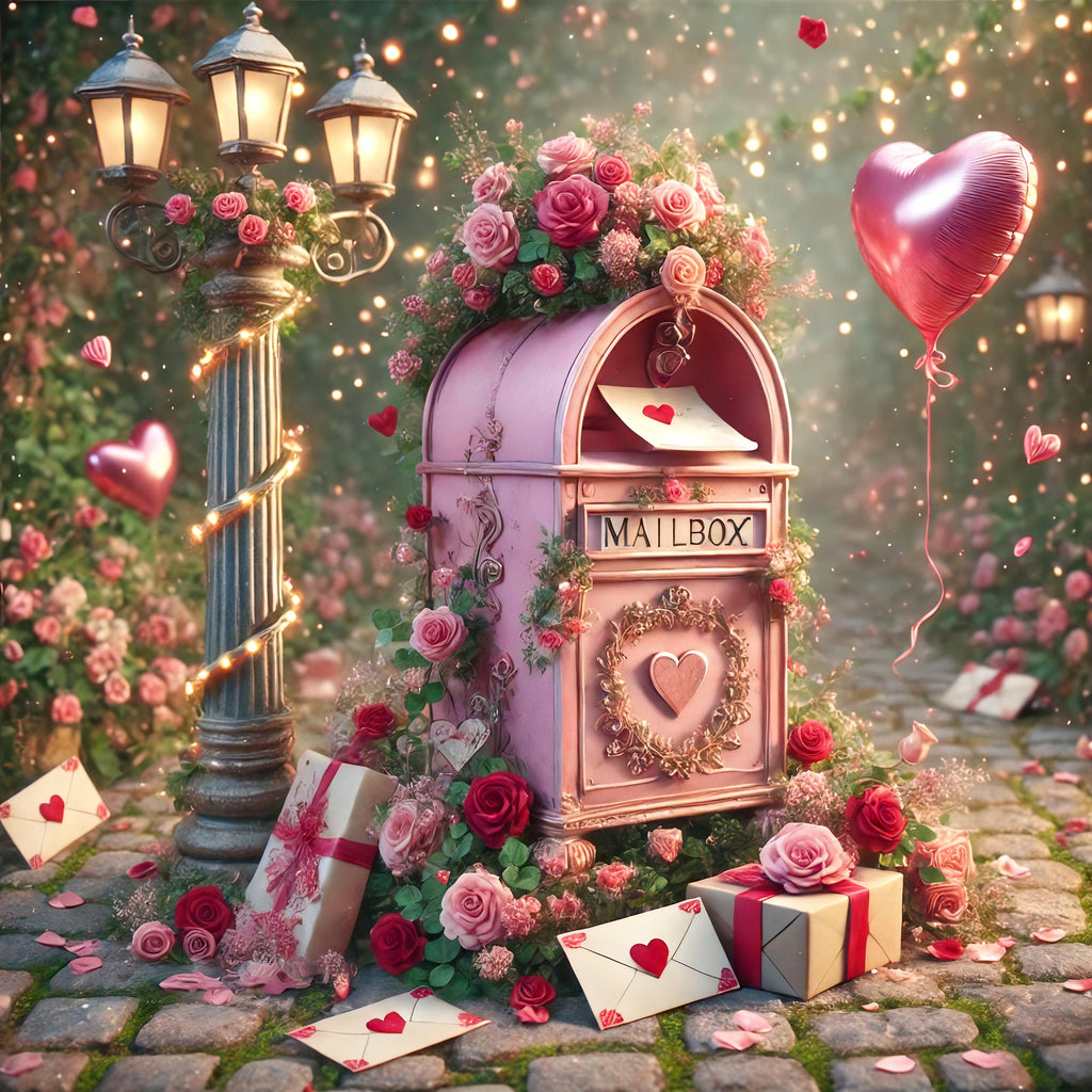 Vintage Valentine Mailbox Scene: Rose Garden Digital Print (Instant Download)