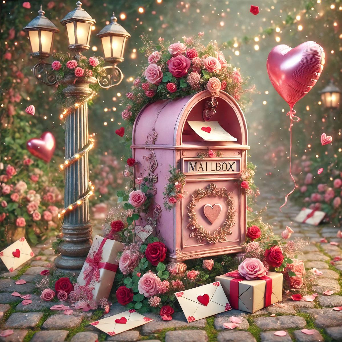 Vintage Valentine Mailbox Scene: Rose Garden Digital Print (Instant Download)