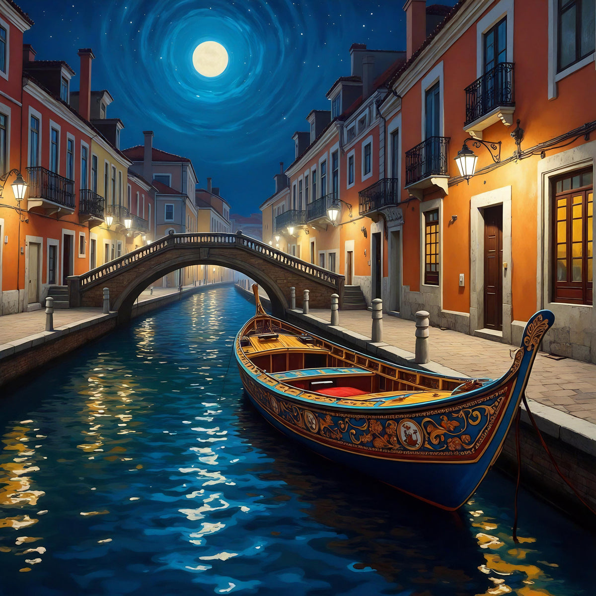 Moonlit Gondola Canal Art: Venice Sunset Scene (Digital Download)