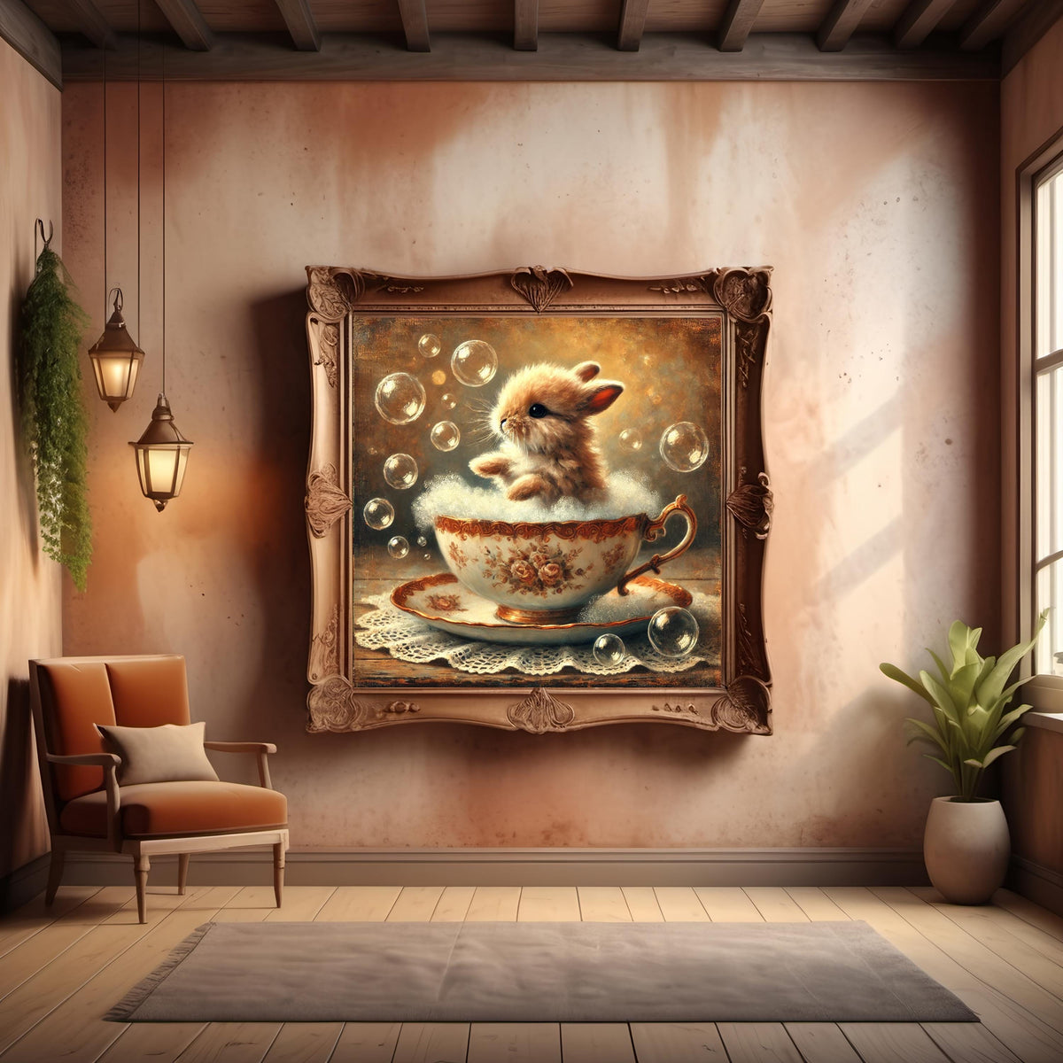 Vintage Bunny Teacup Print: Shabby Chic Nursery Decor (Digital Download)