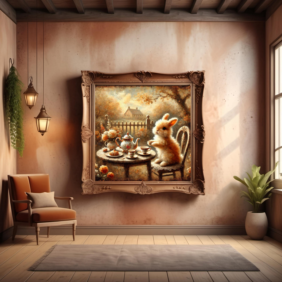 Bunny Tea Party Vintage Print: Farmhouse Cottagecore Decor (Digital Download)