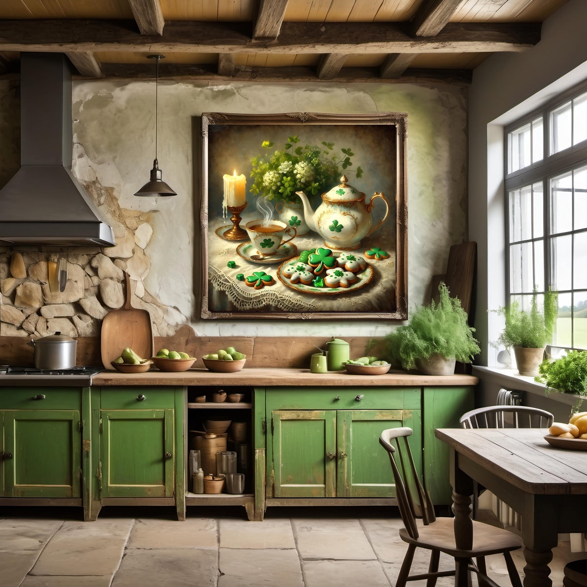 Vintage Shamrock Tea Party Still Life Art: Elegant Irish Cottage Decor (Digital Print)