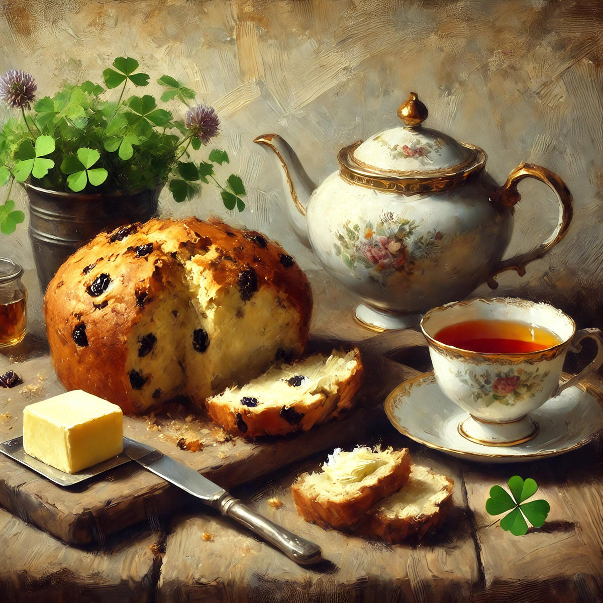 Vintage Irish Tea & Soda Bread Still Life Print: Cozy Kitchen Wall Art (Digital Download)