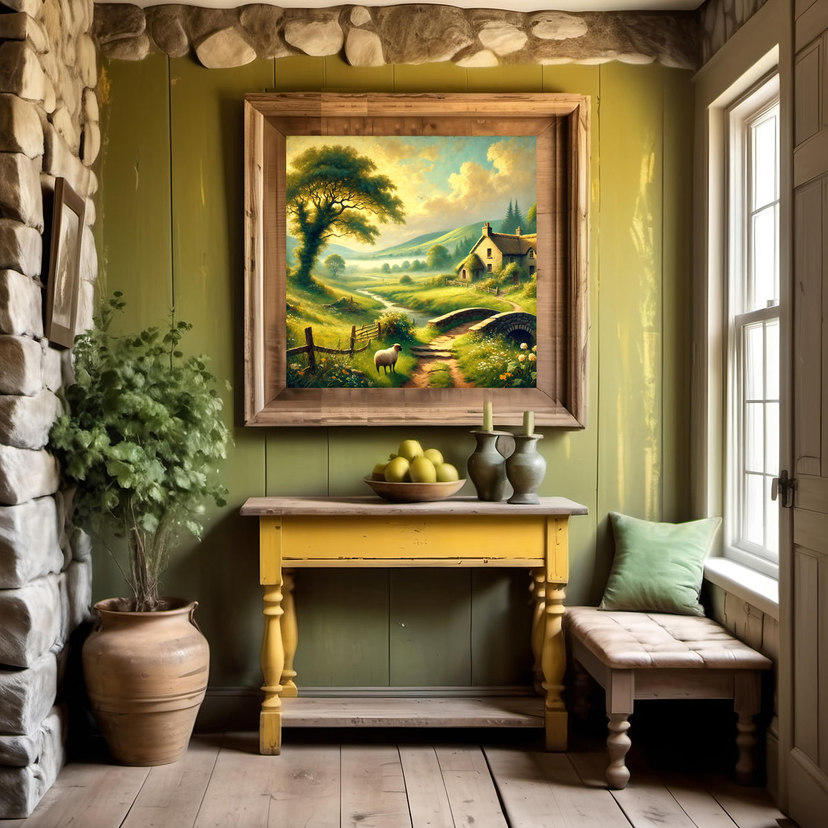 Vintage Irish Countryside Print: Thatched Cottage, Green Hills (Digital Download)