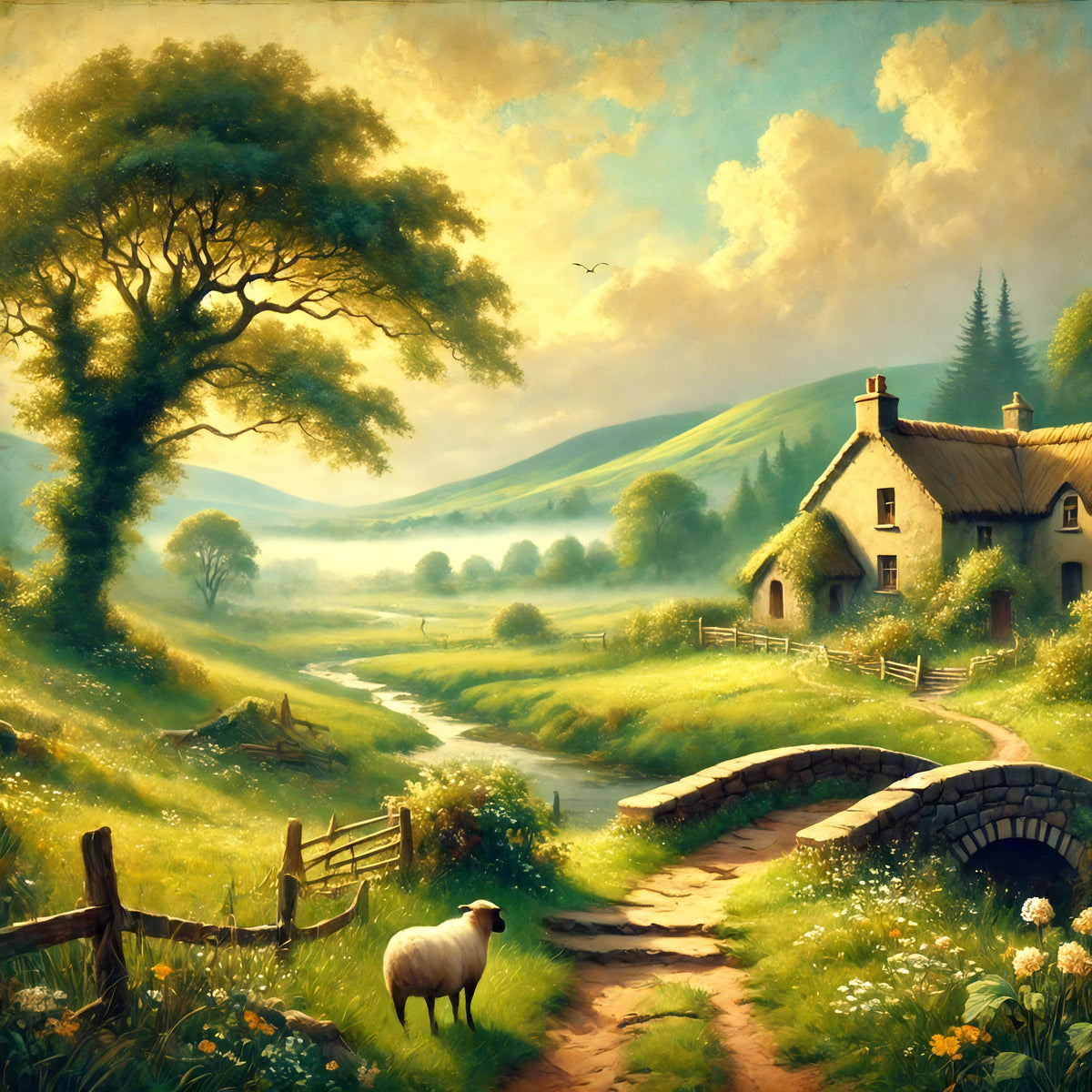 Vintage Irish Countryside Print: Thatched Cottage, Green Hills (Digital Download)
