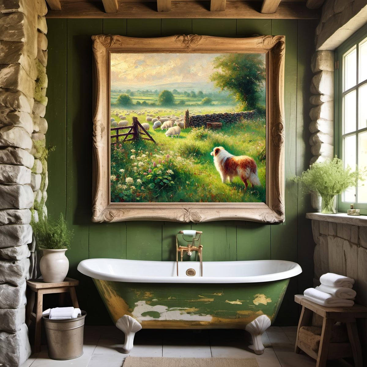 Vintage Sheepdog Farm Landscape Print: Rustic Pastoral Wall Art (Digital Download)