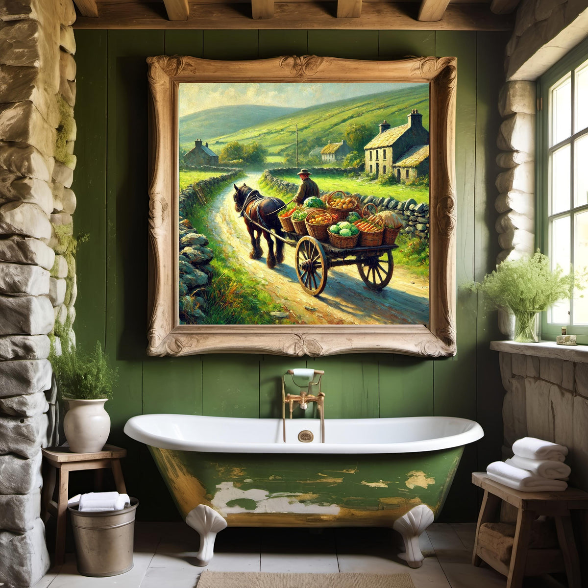 Vintage Irish Countryside Print: Horse Cart, Farmer's Market (Digital Download)