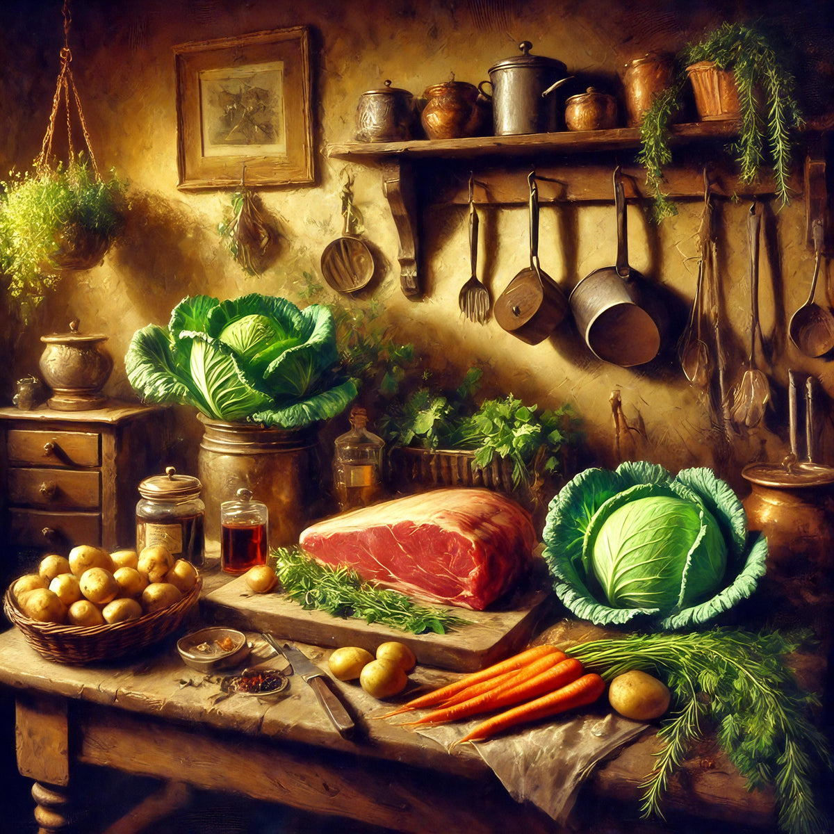 Vintage Irish Kitchen Print: Rustic Farmhouse Cooking Scene (Digital Download)