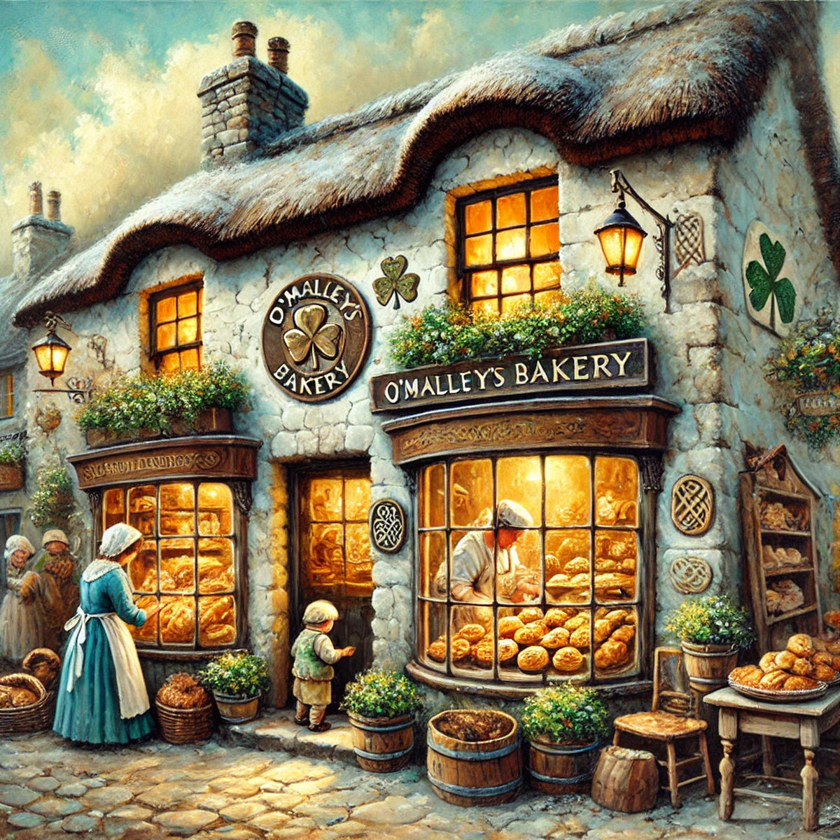 Vintage Irish Bakery Print: St. Patrick's Day Village Scene (Digital Download)