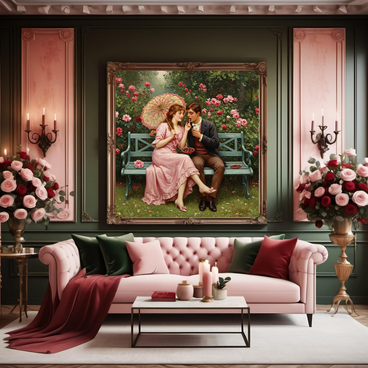 Victorian Couple Sharing Chocolate Print: Romantic Garden Scene (Digital Download)