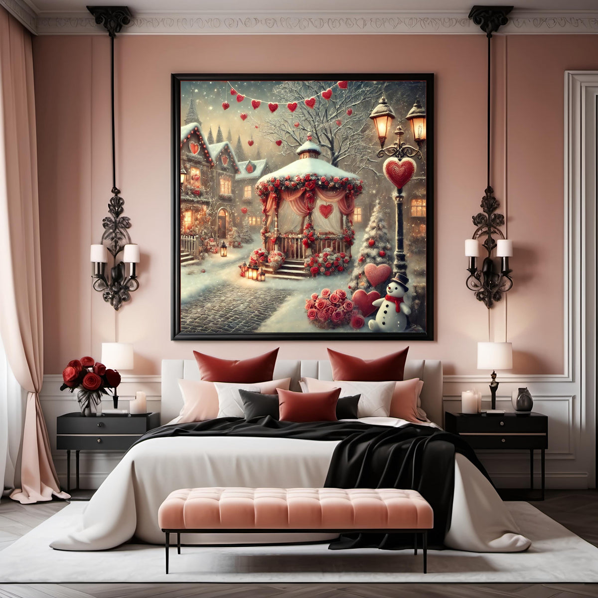 Valentine Winter Village Print: Romantic Snowy Town Scene (Digital Download)