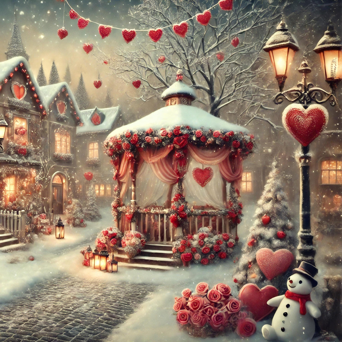 Valentine Winter Village Print: Romantic Snowy Town Scene (Digital Download)