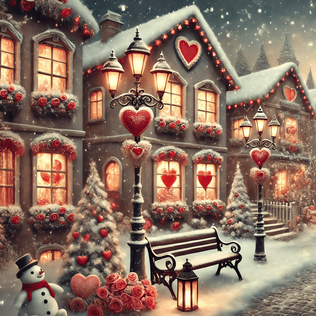 Valentine Winter Village Print: Romantic Snowy Town Decor (Digital Download)