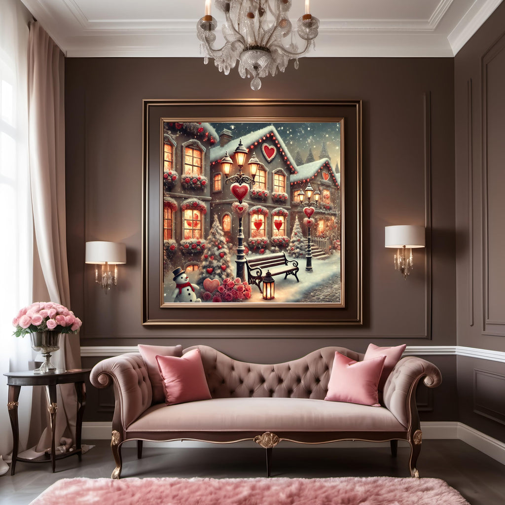 Valentine Winter Village Print: Romantic Snowy Town Decor (Digital Download)