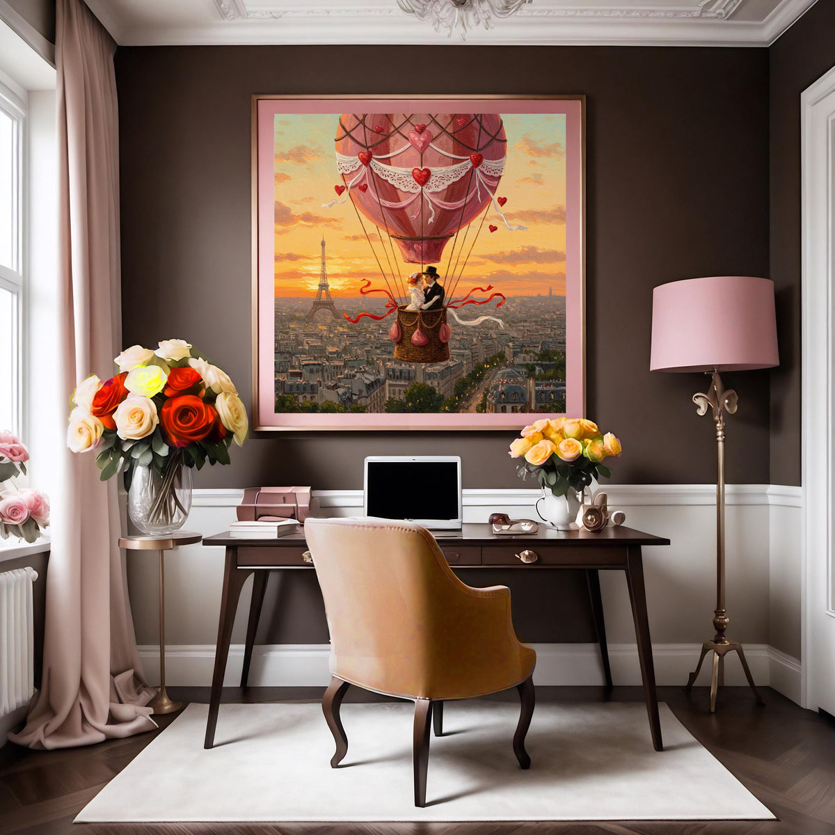 Paris Romance Hot Air Balloon Print: Vintage Eiffel Tower Sunset (Digital Download)