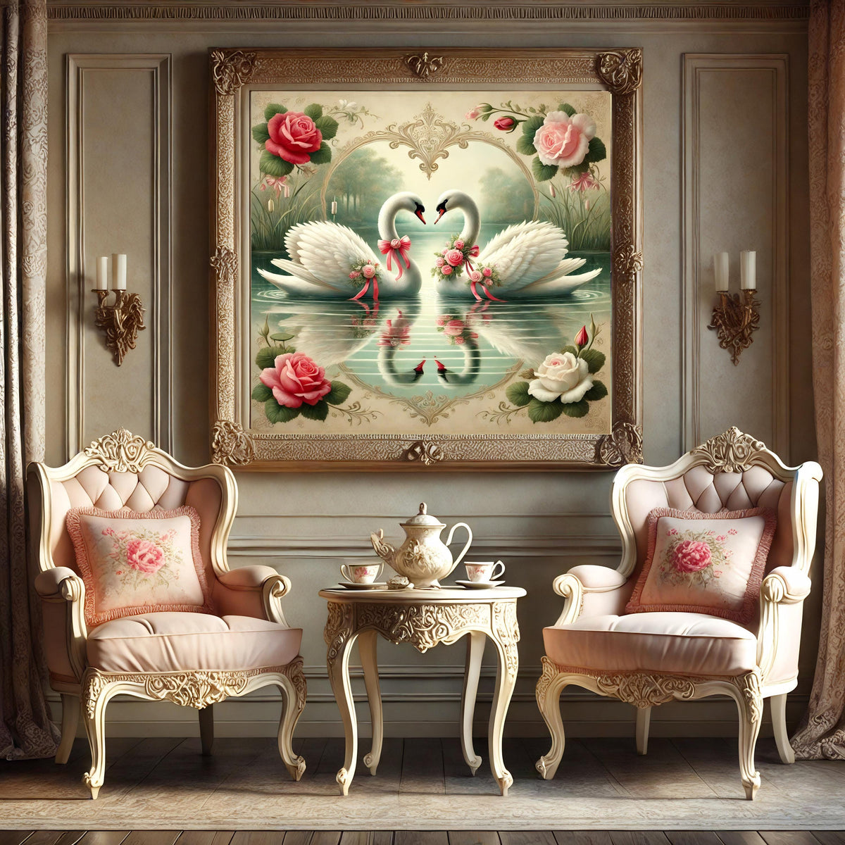 Romantic Swan Love Art: Vintage Floral Valentine's Decor (Digital Download)