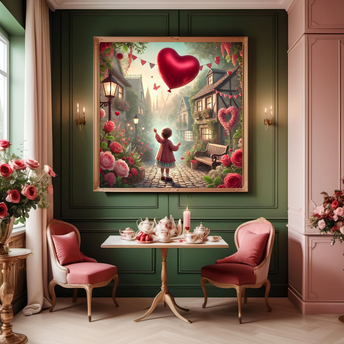 Valentine Village Art Print: Whimsical Heart Balloon, Cottagecore Decor (Digital Download)