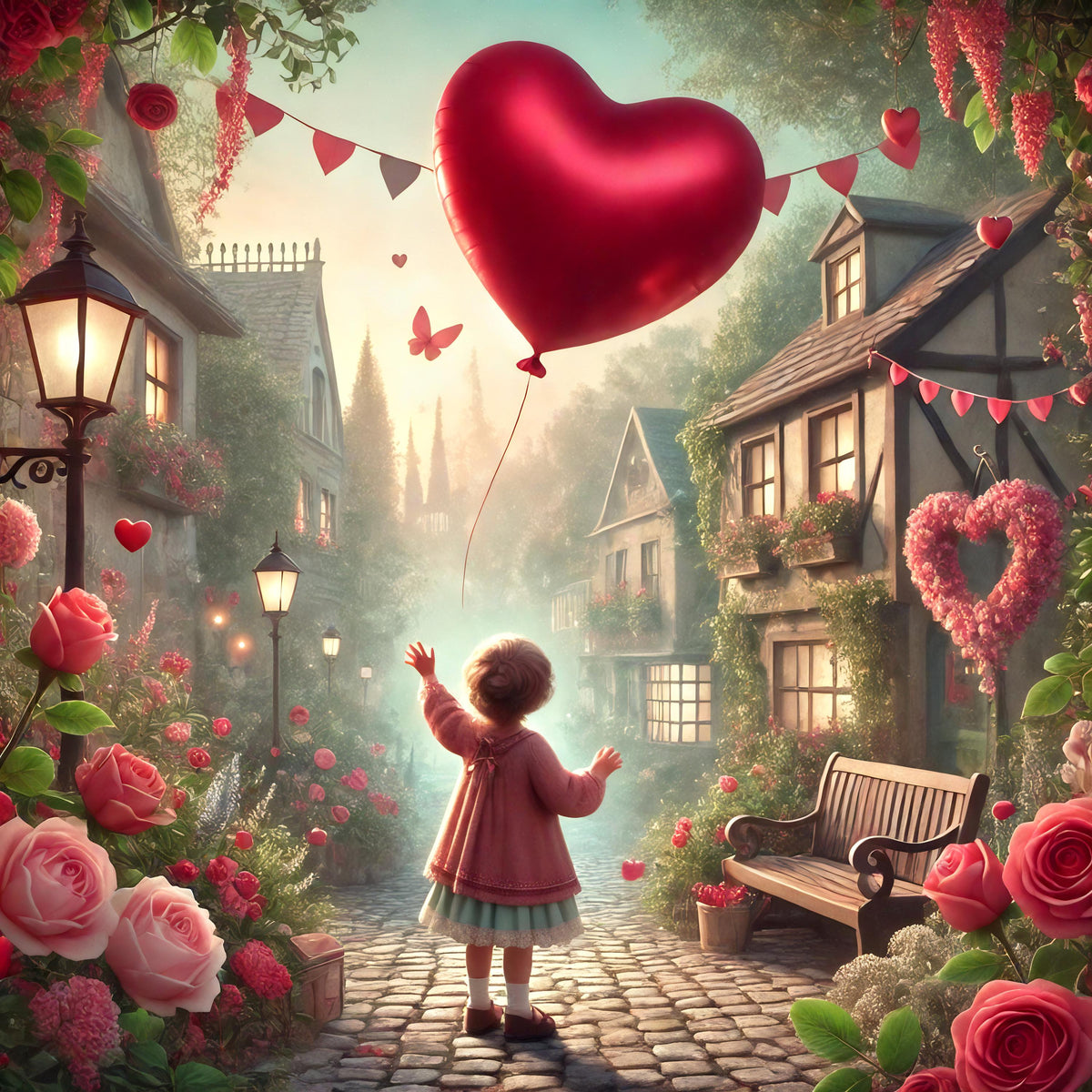 Valentine Village Art Print: Whimsical Heart Balloon, Cottagecore Decor (Digital Download)