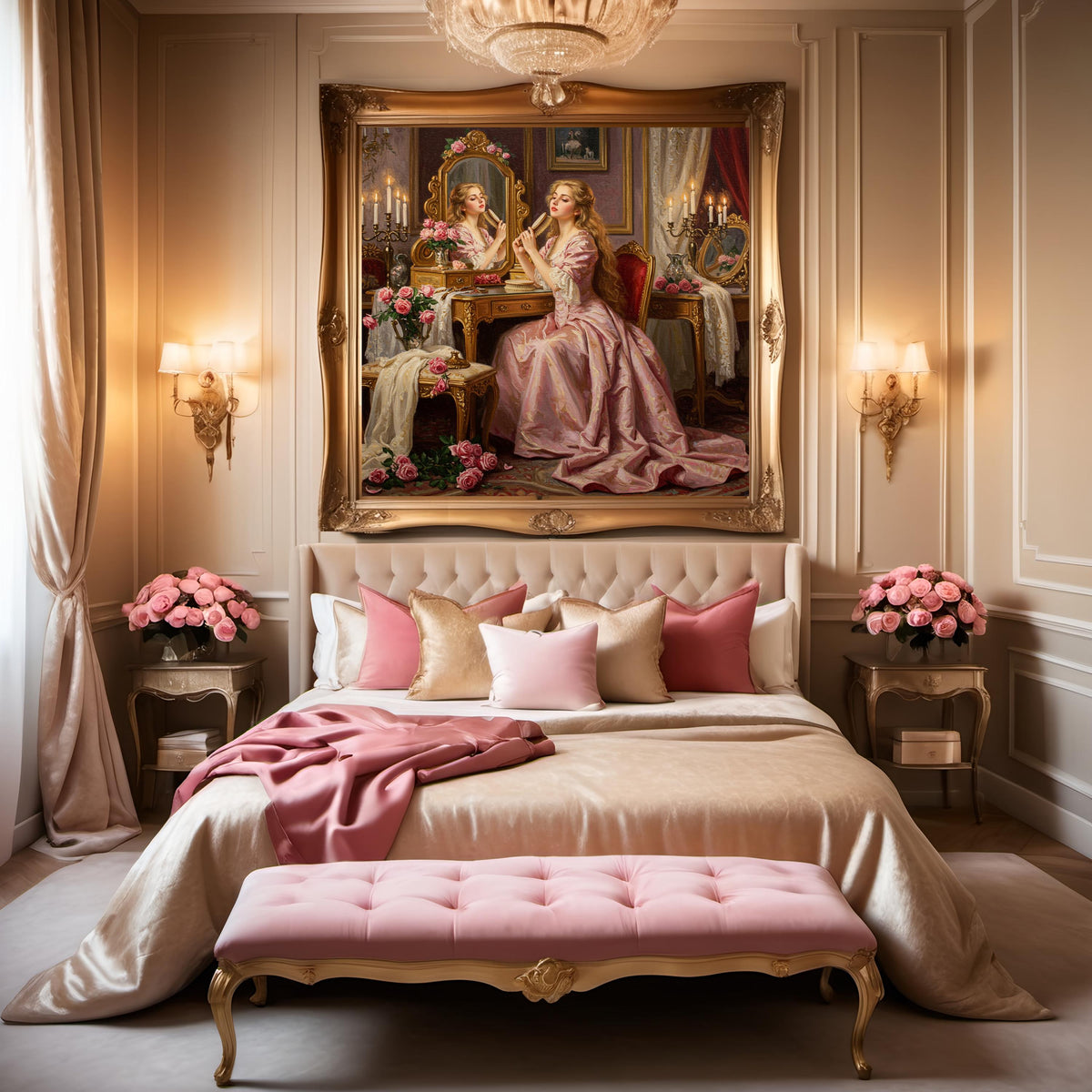 Victorian Vanity Mirror Oil Painting: Elegant Boudoir Art (Digital Art Instant Download)