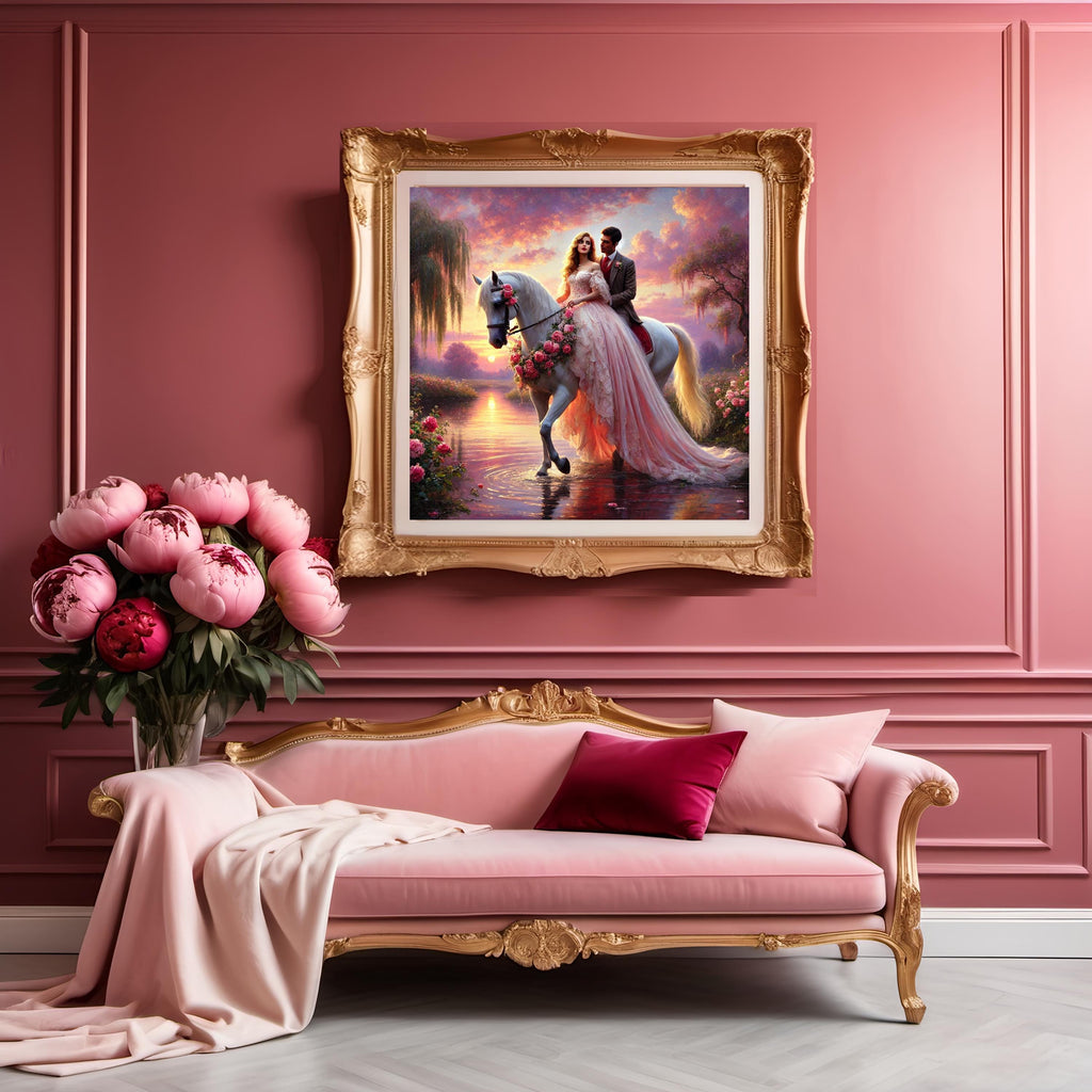 Romantic Horseback Ride Art Print: Fairytale Couple, Sunset Scene (Digital Download)