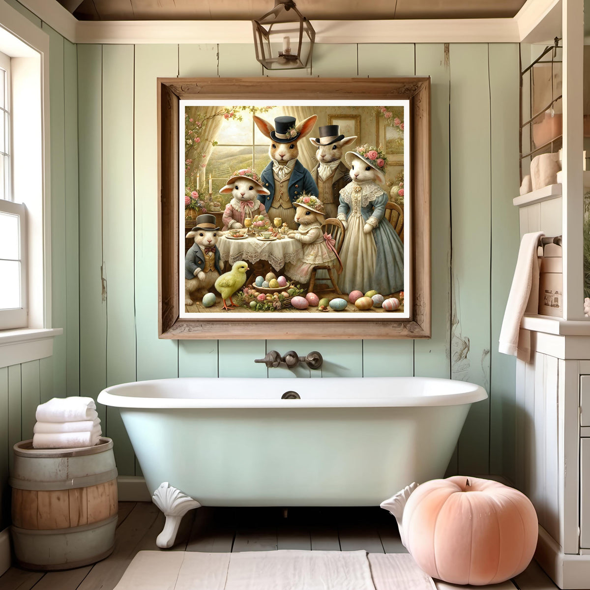 Victorian Easter Bunny Family Tea Party Print: Shabby Chic Cottagecore Art (Digital Download)