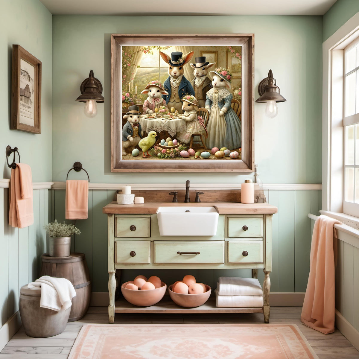 Victorian Easter Bunny Family Tea Party Print: Shabby Chic Cottagecore Art (Digital Download)