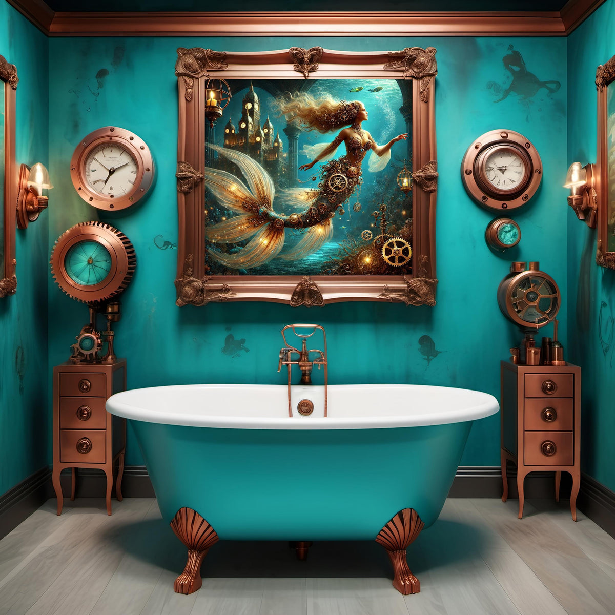 Steampunk Mermaid Art Print: Clockwork Siren, Mystical Ocean (Digital Download)