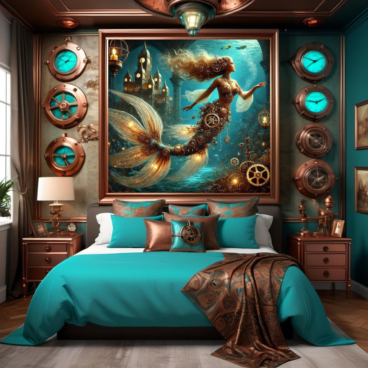Steampunk Mermaid Art Print: Clockwork Siren, Mystical Ocean (Digital Download)