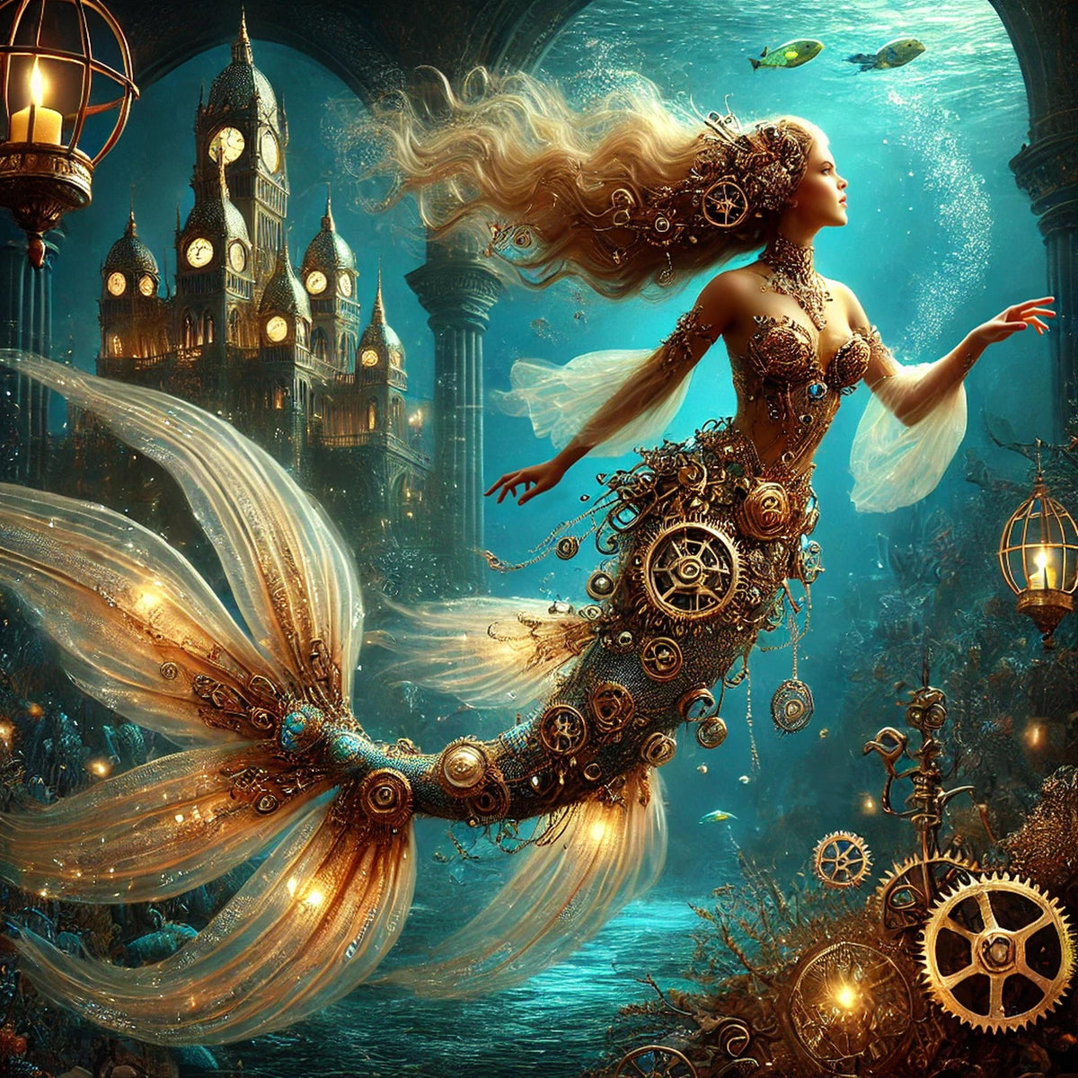 Steampunk Mermaid Art Print: Clockwork Siren, Mystical Ocean (Digital Download)