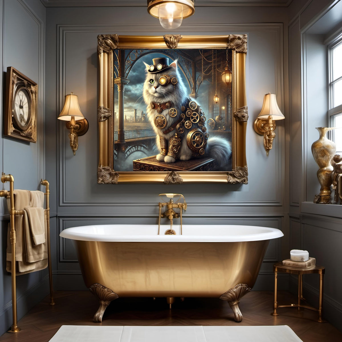 Steampunk Cat Art Print: Victorian Clockwork Feline (Digital Download)
