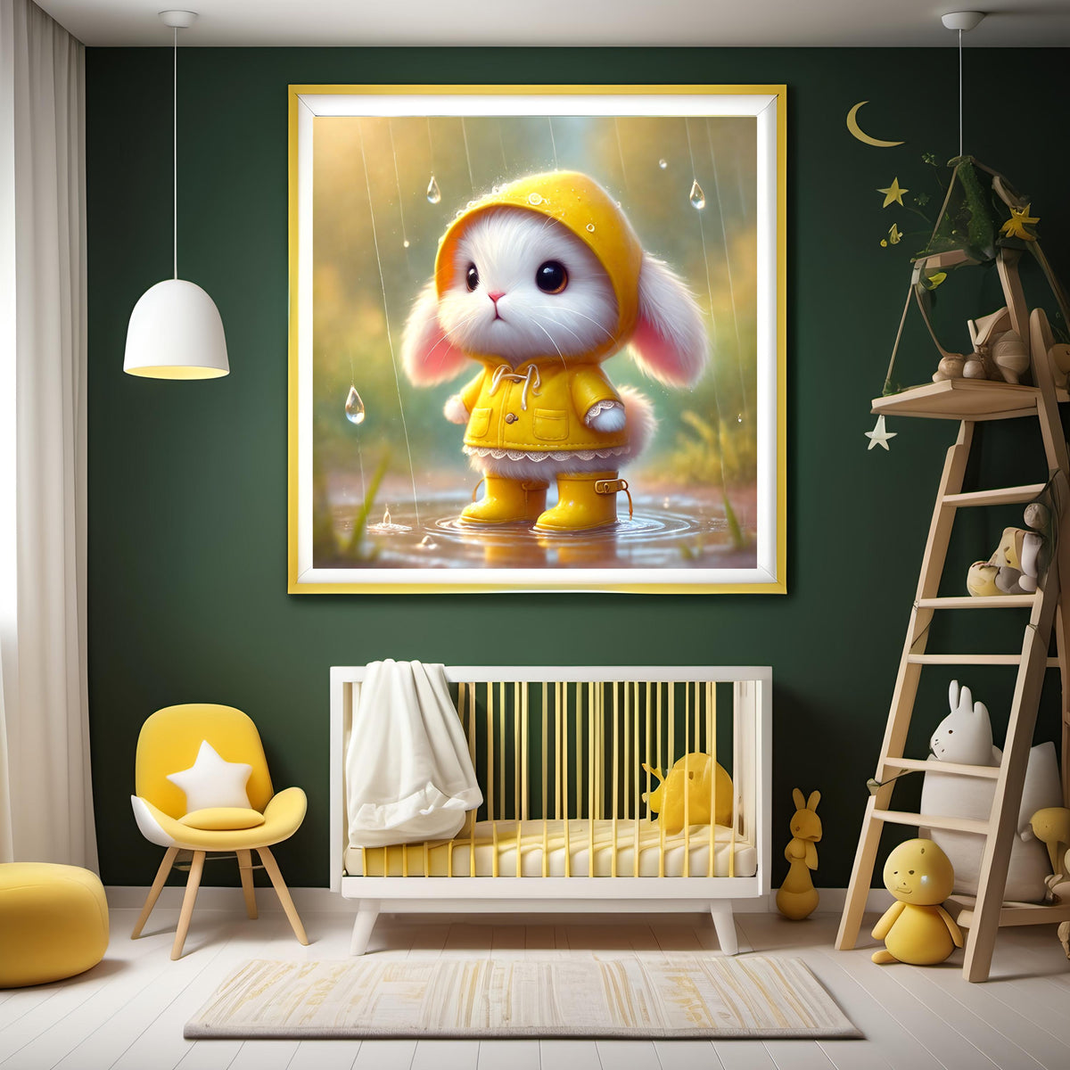 Bunny in Yellow Raincoat Art: Whimsical Nursery Print (Digital Download)