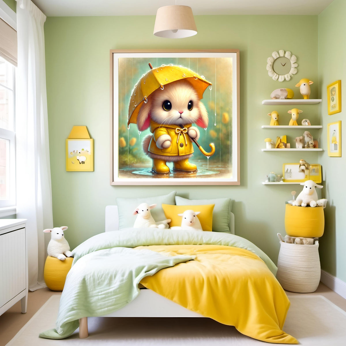 Bunny with Yellow Umbrella Art Print: Rainy Day Nursery Decor (Digital Download)