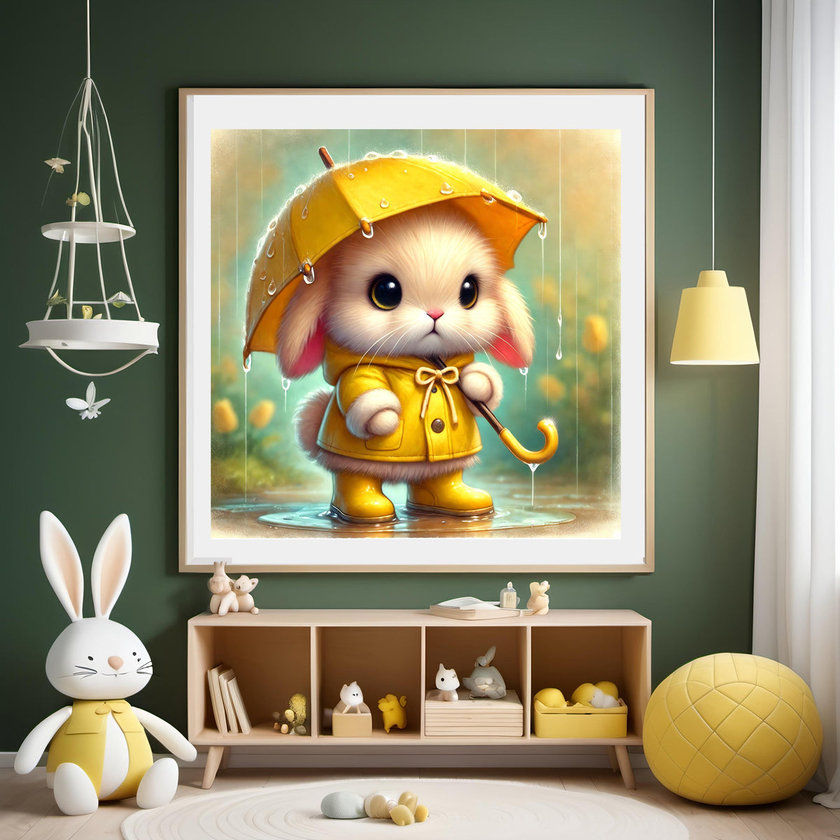 Bunny with Yellow Umbrella Art Print: Rainy Day Nursery Decor (Digital Download)