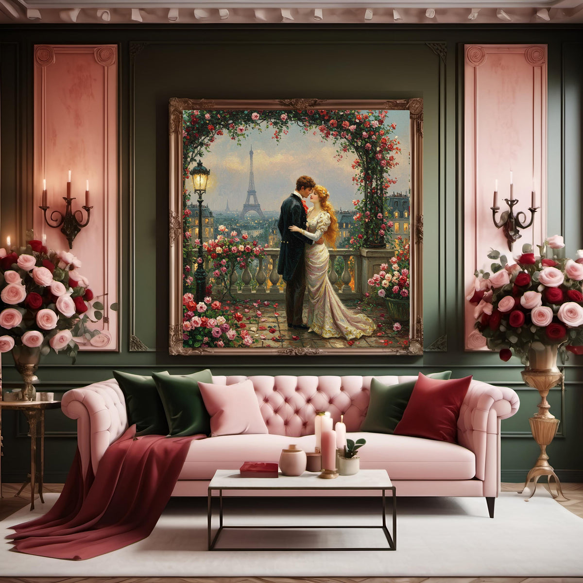 Parisian Balcony Kiss Vintage Art Print: Romantic Eiffel Tower Scene (Digital Download)