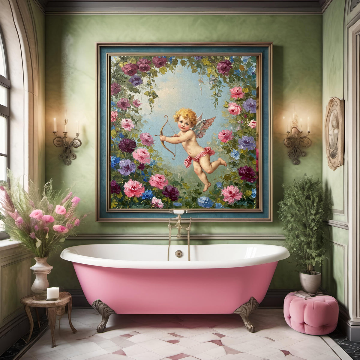 Vintage Cupid Floral Print: Romantic Rococo Angel Wall Art (Digital Download)