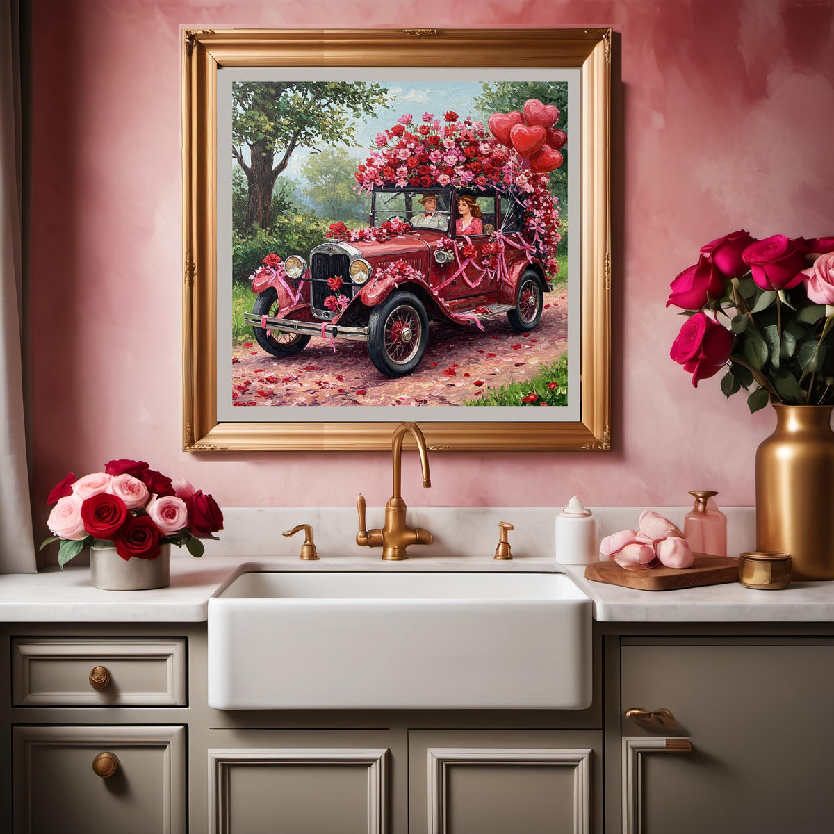 Vintage Floral Car Painting: Romantic Getaway Wall Art (Digital Print)