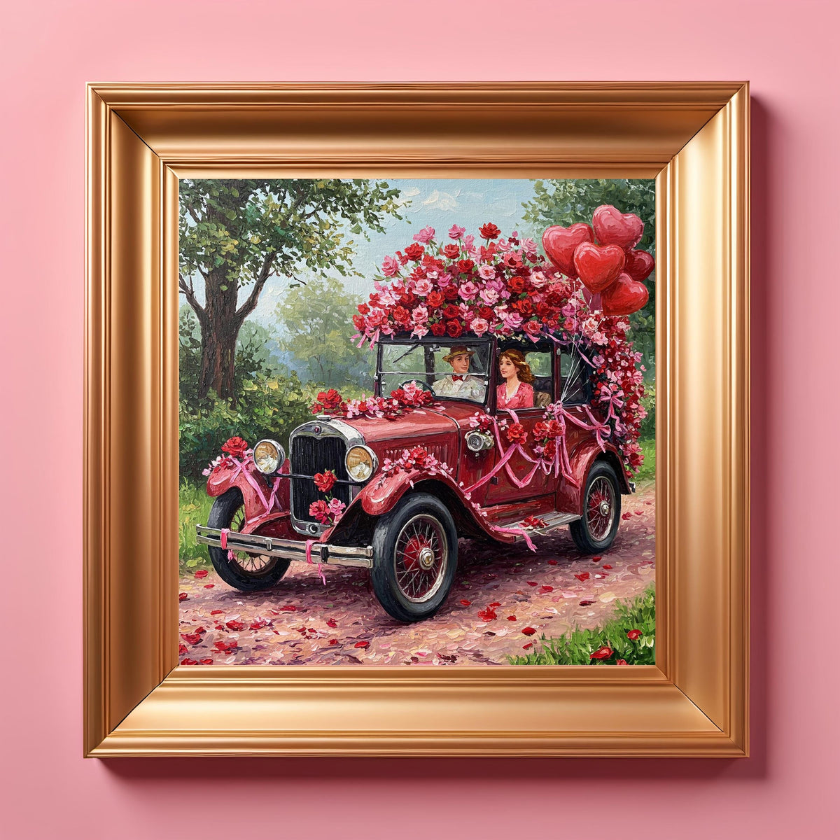 Vintage Floral Car Painting: Romantic Getaway Wall Art (Digital Print)