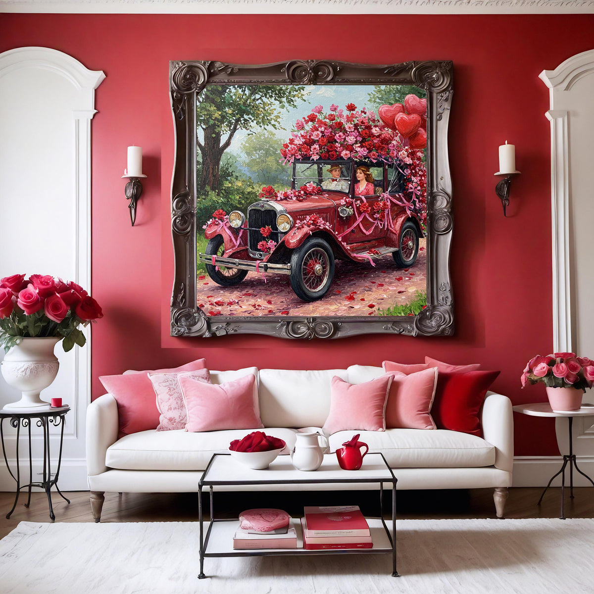 Vintage Floral Car Painting: Romantic Getaway Wall Art (Digital Print)