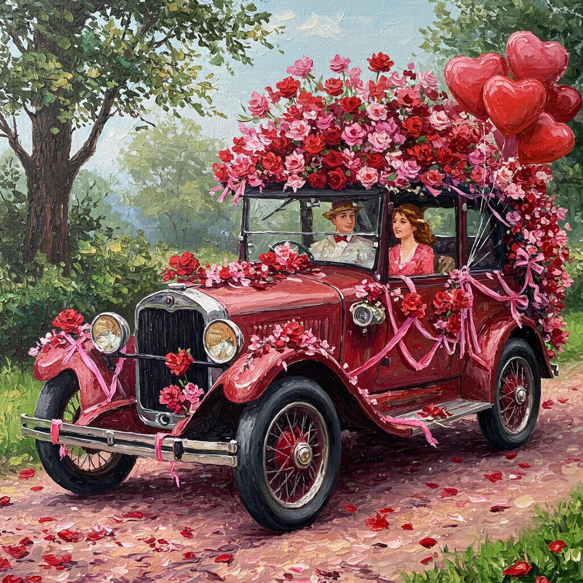 Vintage Floral Car Painting: Romantic Getaway Wall Art (Digital Print)