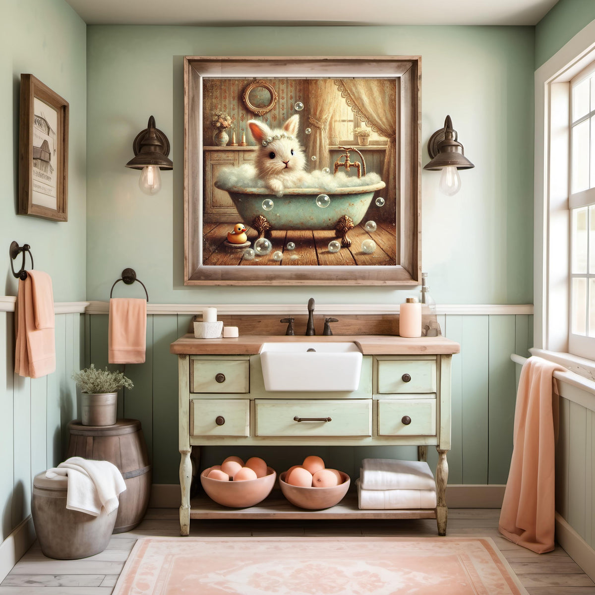 Vintage Bunny Bubble Bath Print: Whimsical Cottagecore Bathroom Decor (Digital Download)