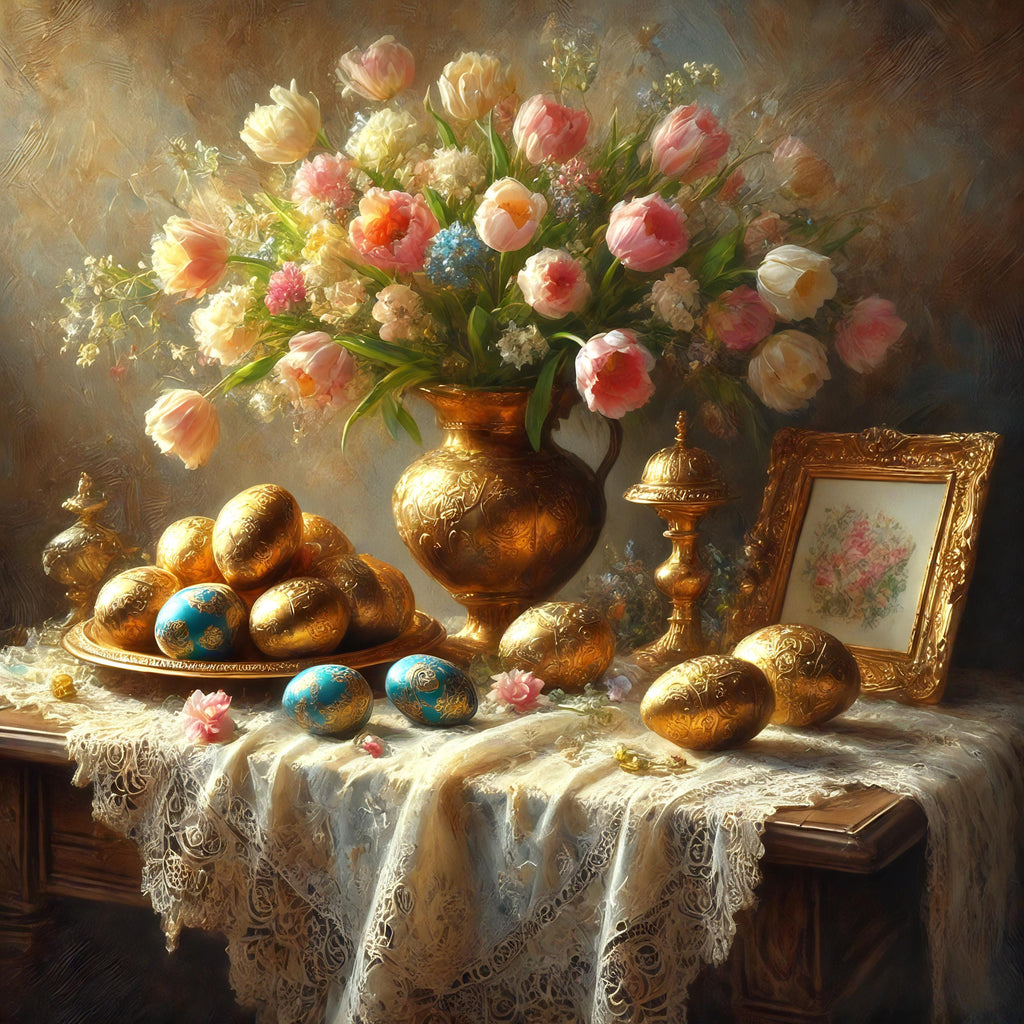 Victorian Easter Egg Still Life Print: Baroque Floral Wall Art (Digital Download)