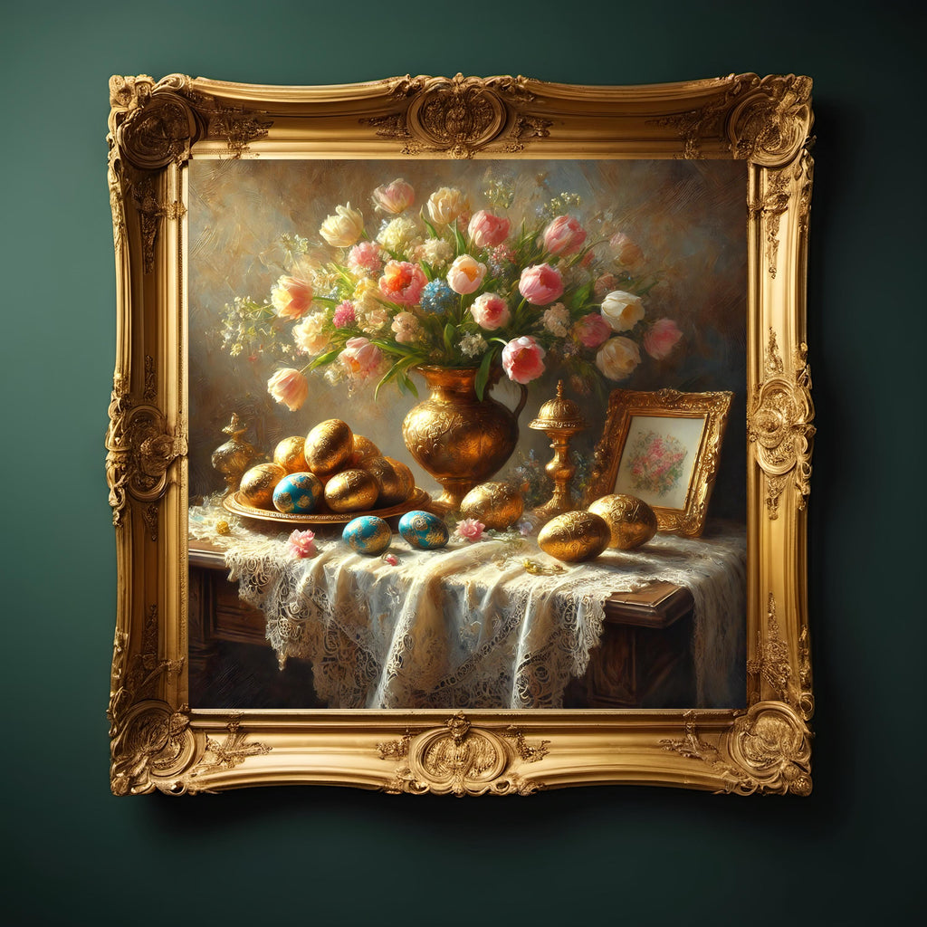 Victorian Easter Egg Still Life Print: Baroque Floral Wall Art (Digital Download)
