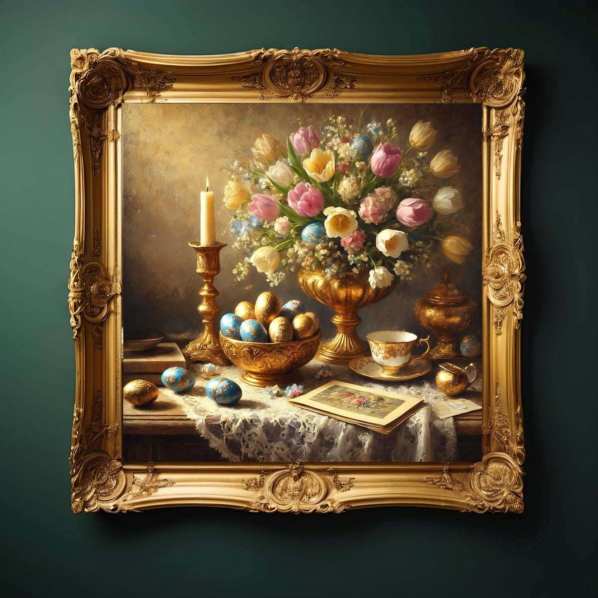 Victorian Easter Egg Still Life Print: Baroque Floral Gold Décor (Digital Download)