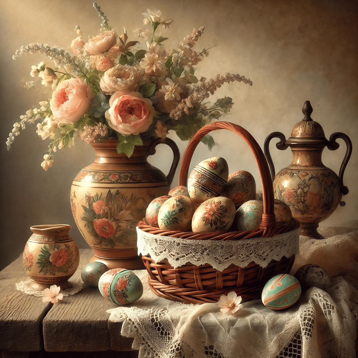 Rustic Easter Egg Basket Still Life: Vintage Floral Cottagecore Art (Digital Print)