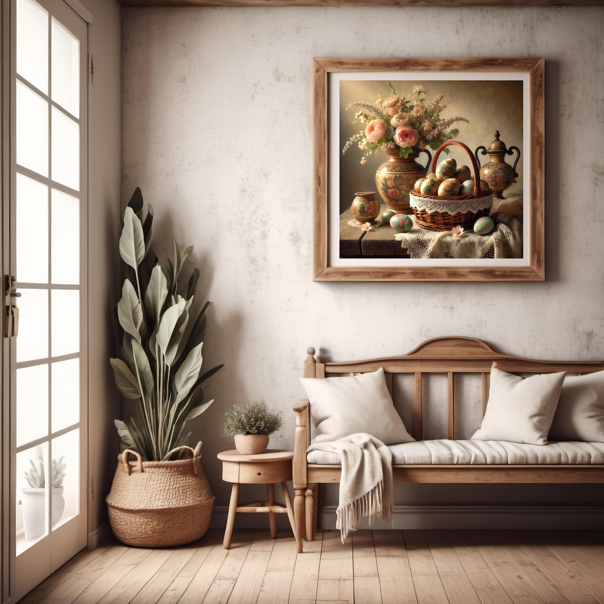Rustic Easter Egg Basket Still Life: Vintage Floral Cottagecore Art (Digital Print)