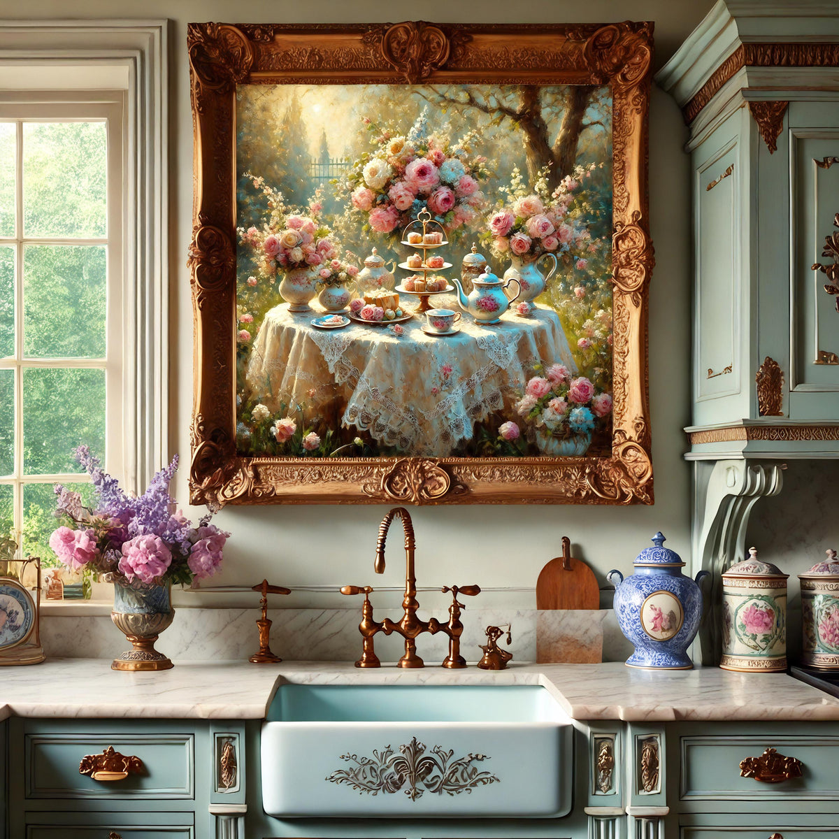 Victorian Tea Party Print: Elegant Floral Still Life, Cottagecore Wall Art (Digital Download)