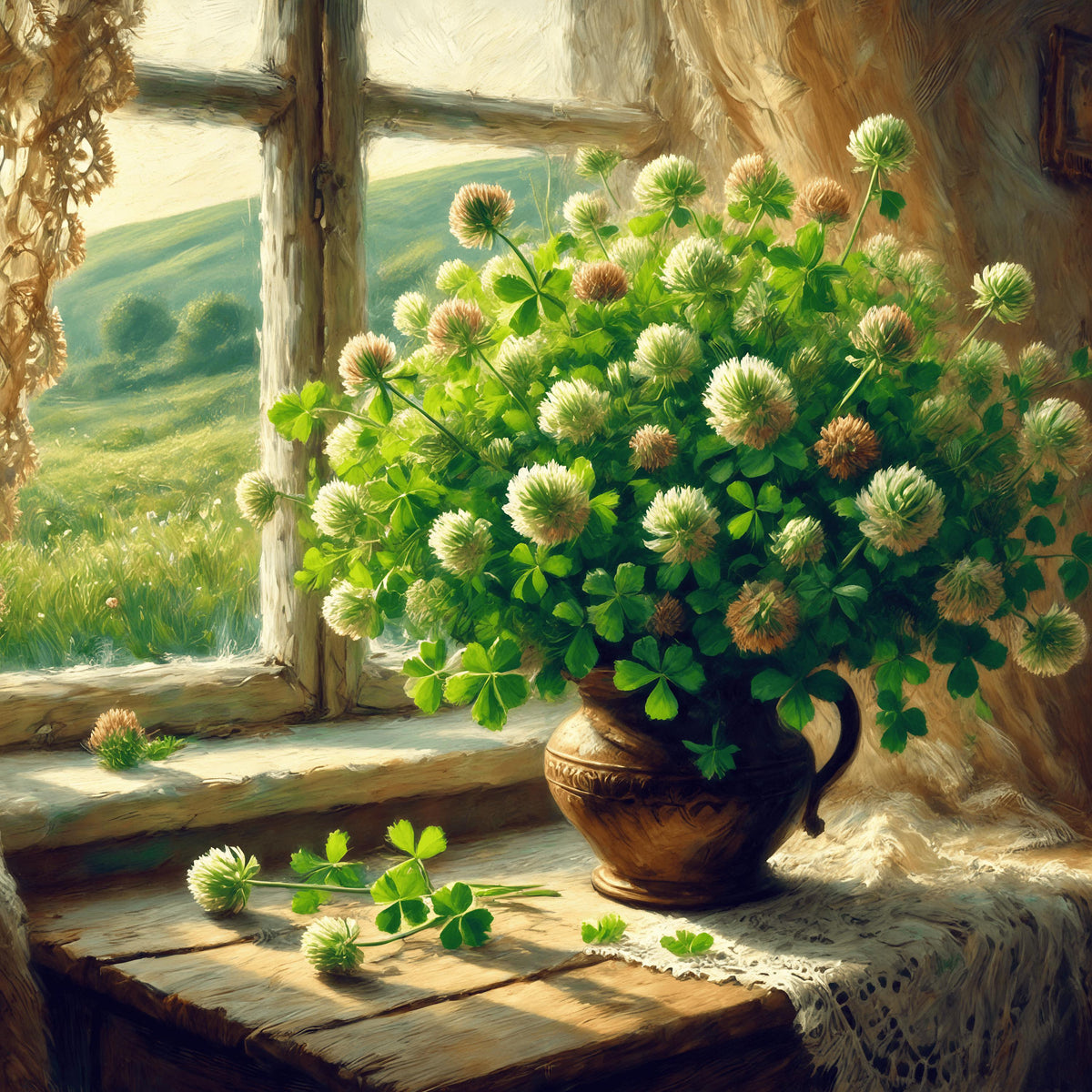 Irish Clover Still Life Print: Vintage Cottage Window, Farmhouse Decor (Digital Download)