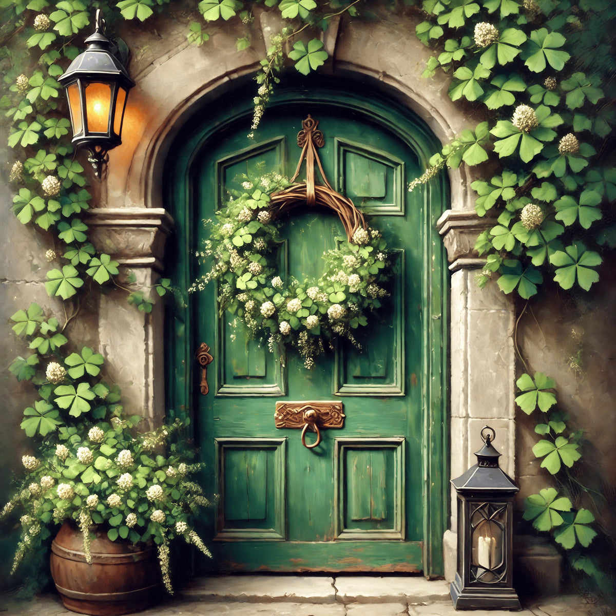 Irish Cottage Door Print: Rustic Green Door, Clover Wreath (Digital Download)