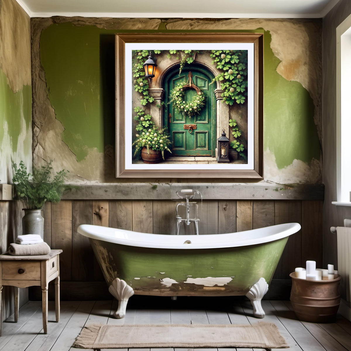 Irish Cottage Door Print: Rustic Green Door, Clover Wreath (Digital Download)